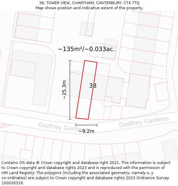 38, TOWER VIEW, CHARTHAM, CANTERBURY, CT4 7TQ: Plot and title map