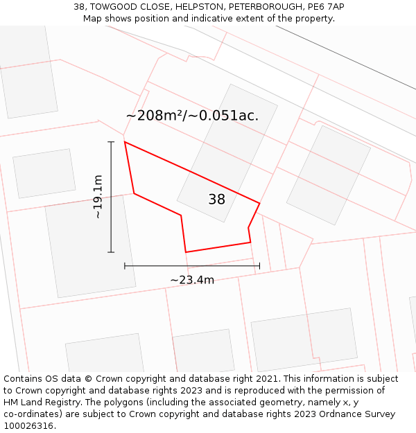 38, TOWGOOD CLOSE, HELPSTON, PETERBOROUGH, PE6 7AP: Plot and title map