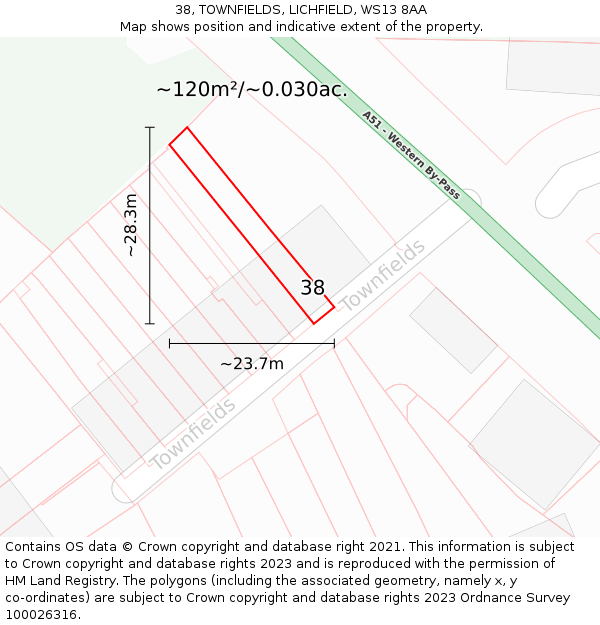 38, TOWNFIELDS, LICHFIELD, WS13 8AA: Plot and title map