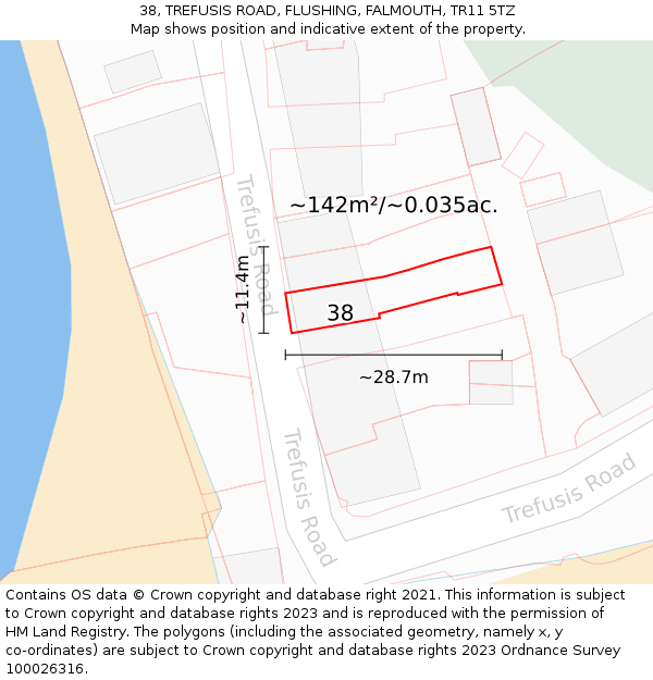 38, TREFUSIS ROAD, FLUSHING, FALMOUTH, TR11 5TZ: Plot and title map