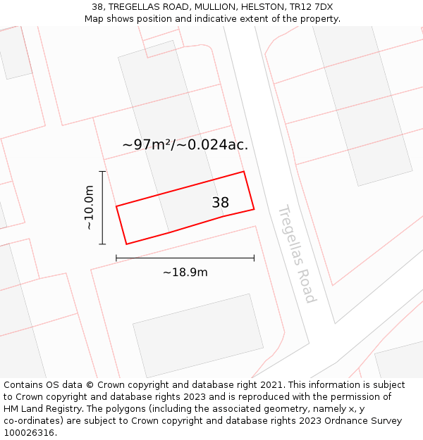 38, TREGELLAS ROAD, MULLION, HELSTON, TR12 7DX: Plot and title map