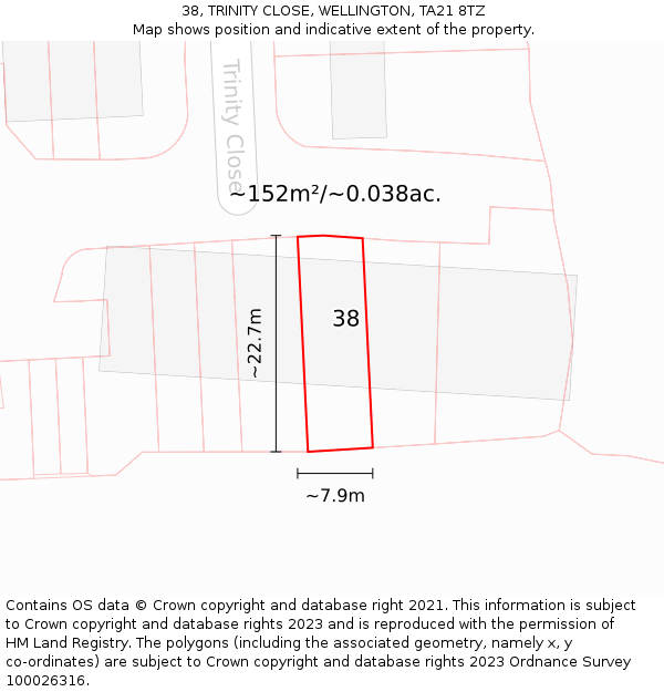 38, TRINITY CLOSE, WELLINGTON, TA21 8TZ: Plot and title map