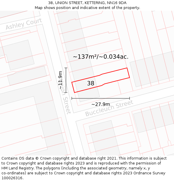 38, UNION STREET, KETTERING, NN16 9DA: Plot and title map