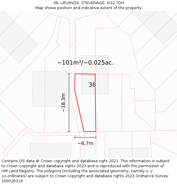 38, UPLANDS, STEVENAGE, SG2 7DN: Plot and title map