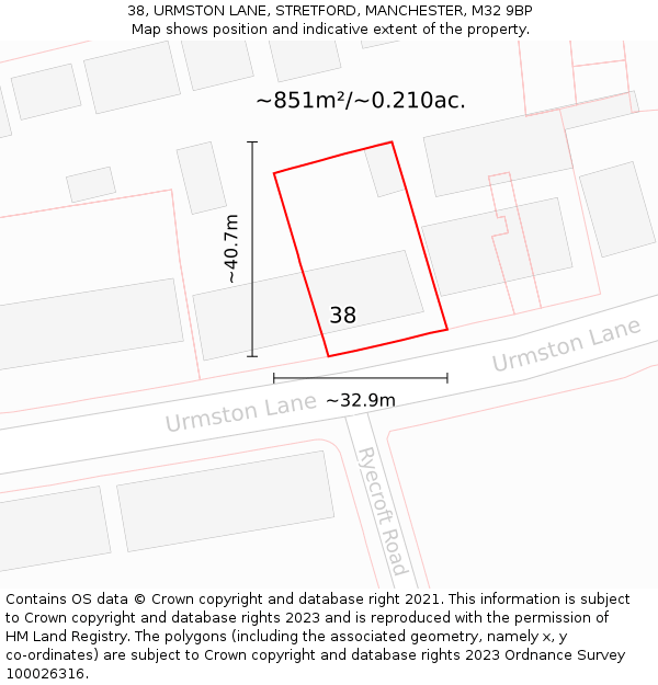 38, URMSTON LANE, STRETFORD, MANCHESTER, M32 9BP: Plot and title map