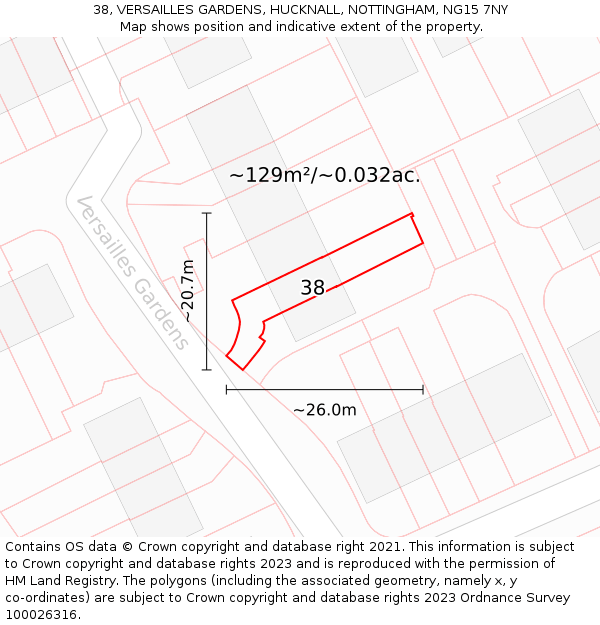 38, VERSAILLES GARDENS, HUCKNALL, NOTTINGHAM, NG15 7NY: Plot and title map