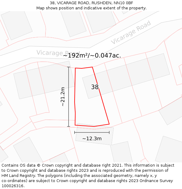 38, VICARAGE ROAD, RUSHDEN, NN10 0BF: Plot and title map