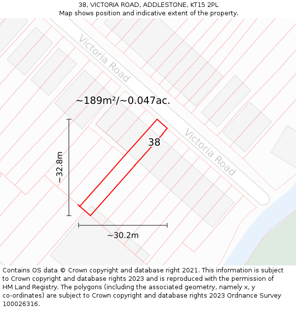 38, VICTORIA ROAD, ADDLESTONE, KT15 2PL: Plot and title map