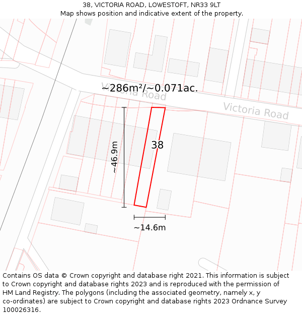 38, VICTORIA ROAD, LOWESTOFT, NR33 9LT: Plot and title map