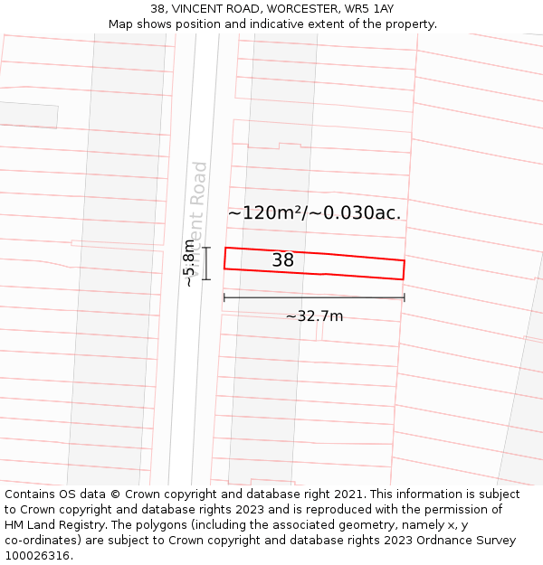 38, VINCENT ROAD, WORCESTER, WR5 1AY: Plot and title map