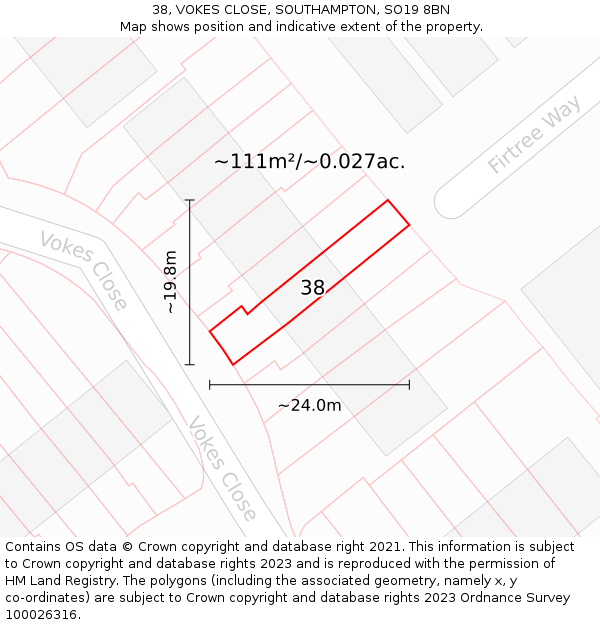 38, VOKES CLOSE, SOUTHAMPTON, SO19 8BN: Plot and title map