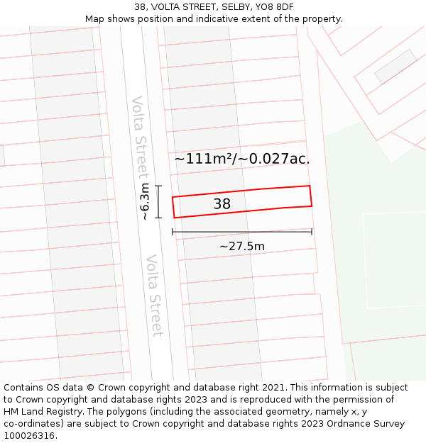 38, VOLTA STREET, SELBY, YO8 8DF: Plot and title map