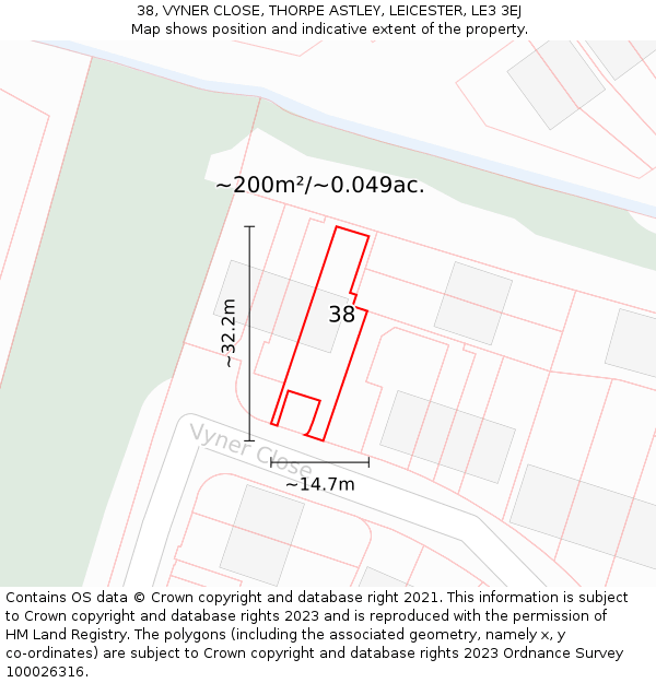 38, VYNER CLOSE, THORPE ASTLEY, LEICESTER, LE3 3EJ: Plot and title map