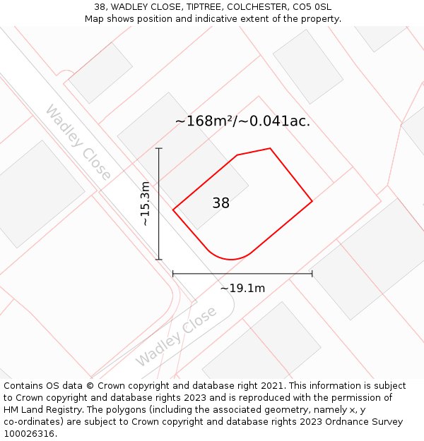 38, WADLEY CLOSE, TIPTREE, COLCHESTER, CO5 0SL: Plot and title map