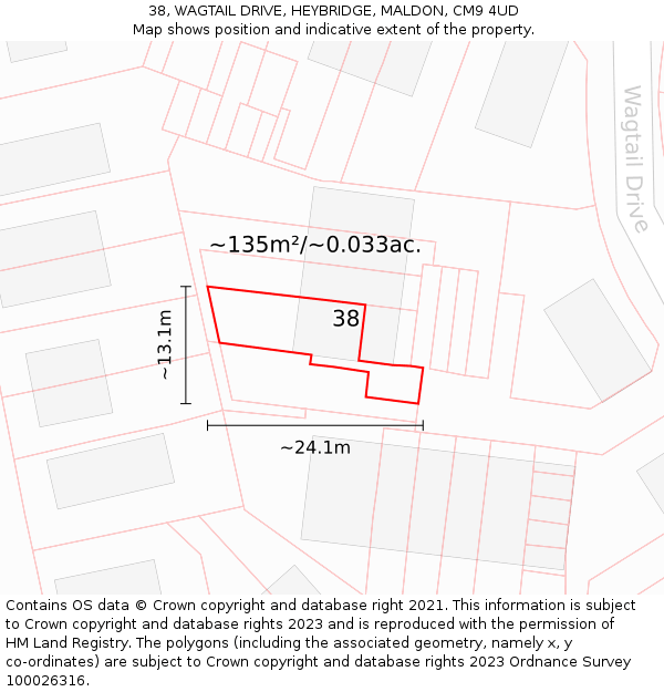 38, WAGTAIL DRIVE, HEYBRIDGE, MALDON, CM9 4UD: Plot and title map