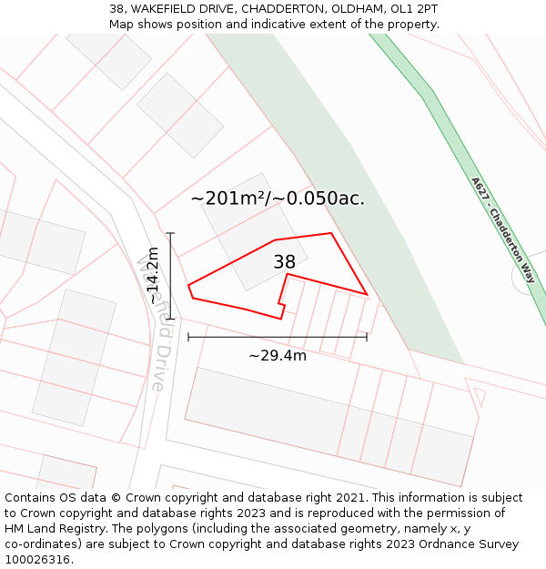 38, WAKEFIELD DRIVE, CHADDERTON, OLDHAM, OL1 2PT: Plot and title map