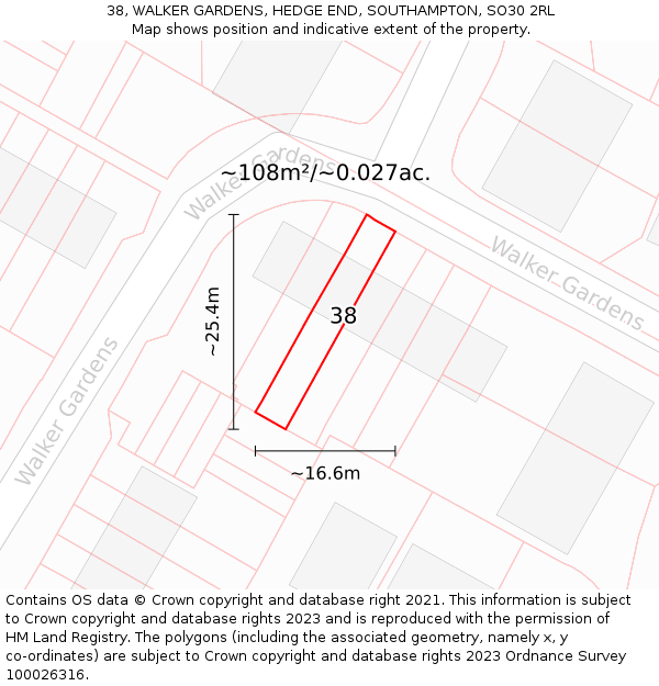 38, WALKER GARDENS, HEDGE END, SOUTHAMPTON, SO30 2RL: Plot and title map