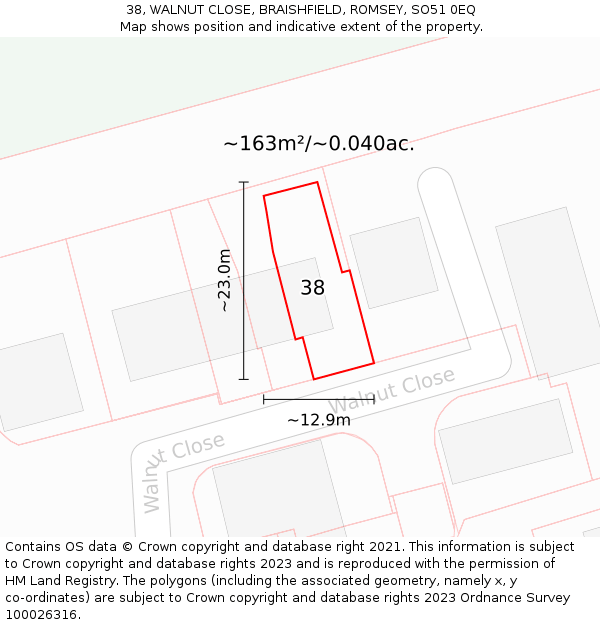 38, WALNUT CLOSE, BRAISHFIELD, ROMSEY, SO51 0EQ: Plot and title map