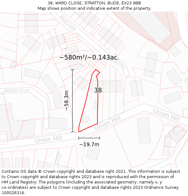 38, WARD CLOSE, STRATTON, BUDE, EX23 9BB: Plot and title map