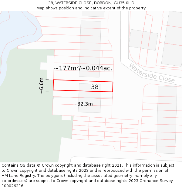 38, WATERSIDE CLOSE, BORDON, GU35 0HD: Plot and title map