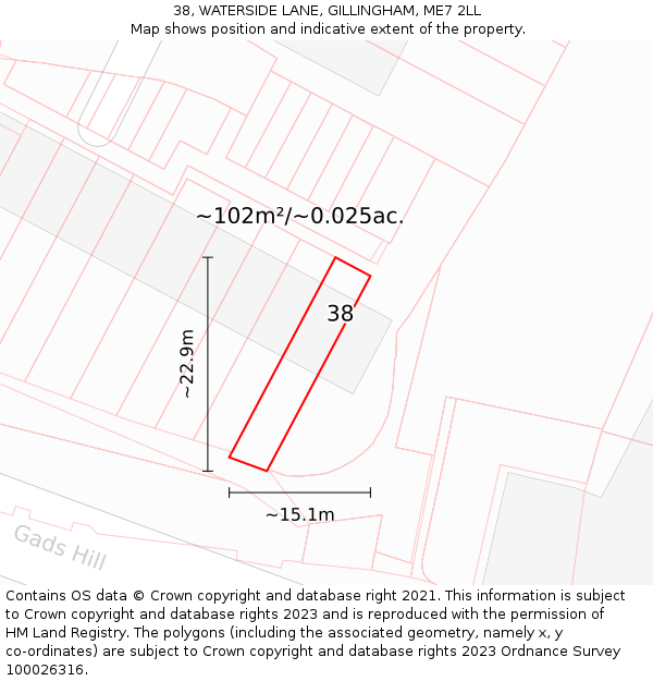 38, WATERSIDE LANE, GILLINGHAM, ME7 2LL: Plot and title map