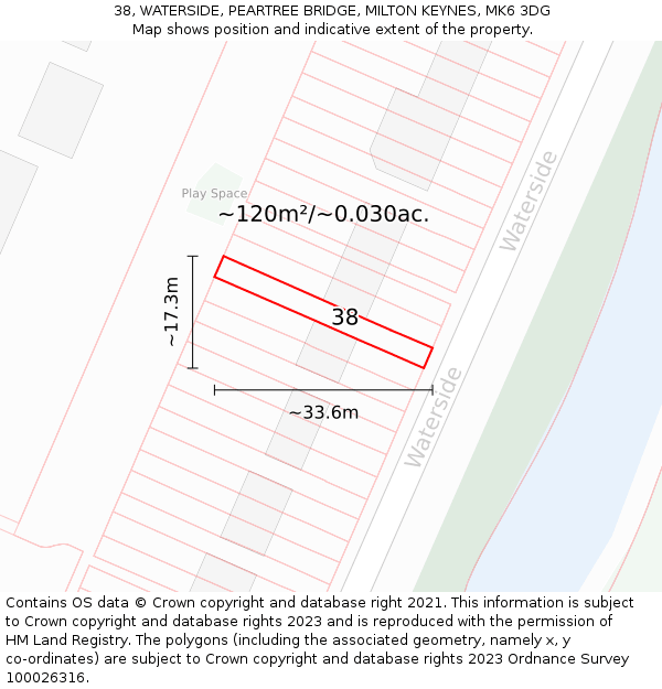 38, WATERSIDE, PEARTREE BRIDGE, MILTON KEYNES, MK6 3DG: Plot and title map