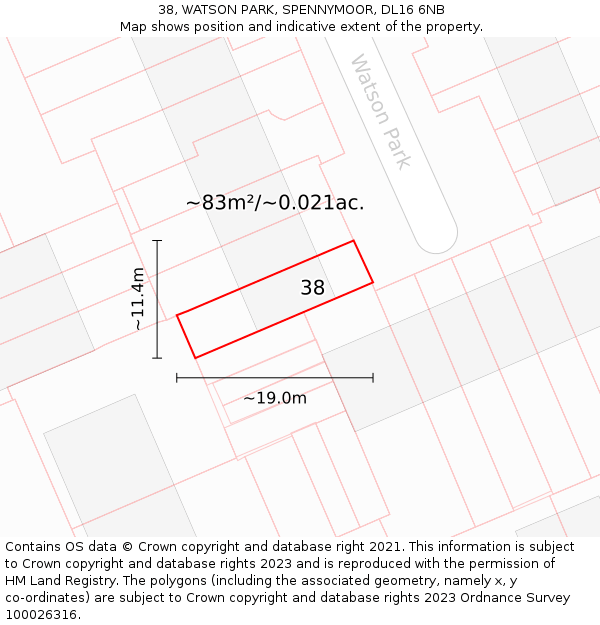 38, WATSON PARK, SPENNYMOOR, DL16 6NB: Plot and title map