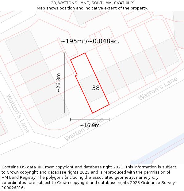 38, WATTONS LANE, SOUTHAM, CV47 0HX: Plot and title map