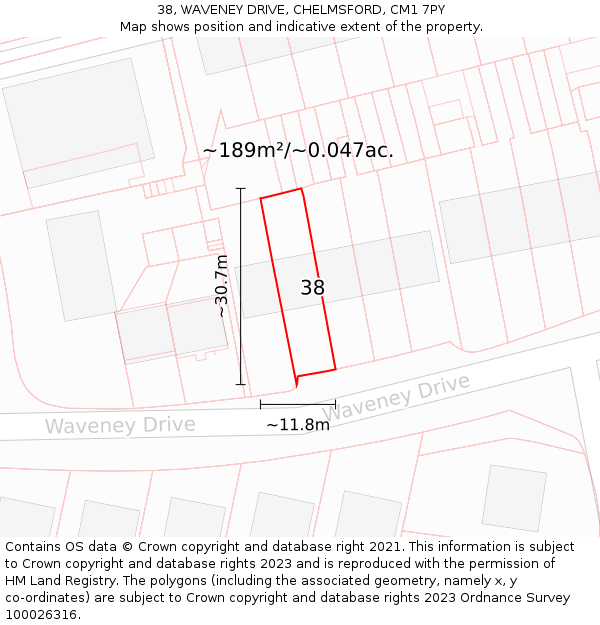 38, WAVENEY DRIVE, CHELMSFORD, CM1 7PY: Plot and title map
