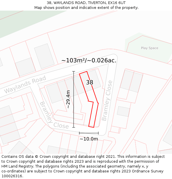 38, WAYLANDS ROAD, TIVERTON, EX16 6UT: Plot and title map