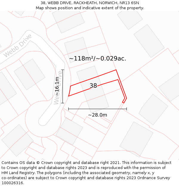 38, WEBB DRIVE, RACKHEATH, NORWICH, NR13 6SN: Plot and title map