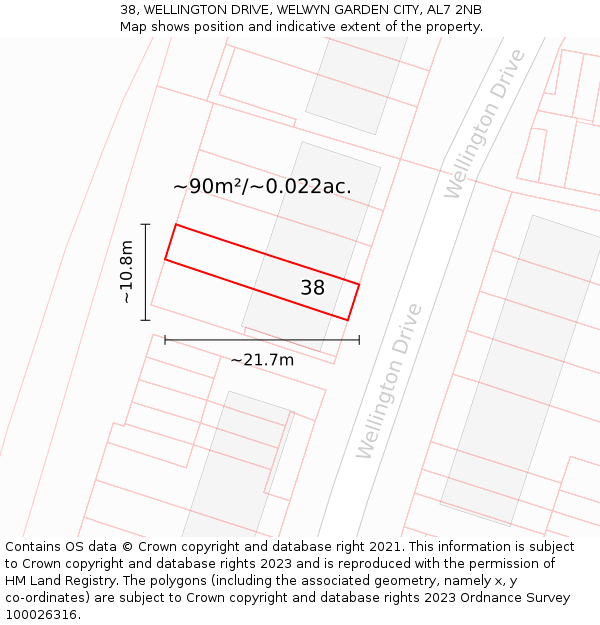 38, WELLINGTON DRIVE, WELWYN GARDEN CITY, AL7 2NB: Plot and title map