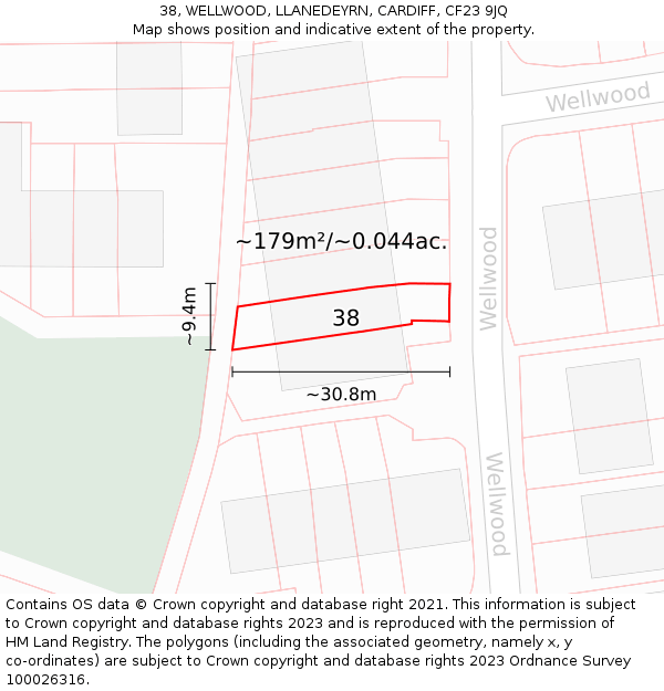 38, WELLWOOD, LLANEDEYRN, CARDIFF, CF23 9JQ: Plot and title map