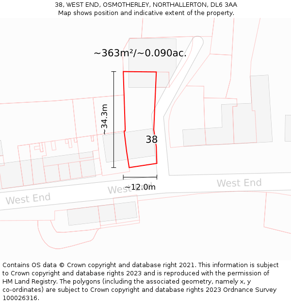 38, WEST END, OSMOTHERLEY, NORTHALLERTON, DL6 3AA: Plot and title map