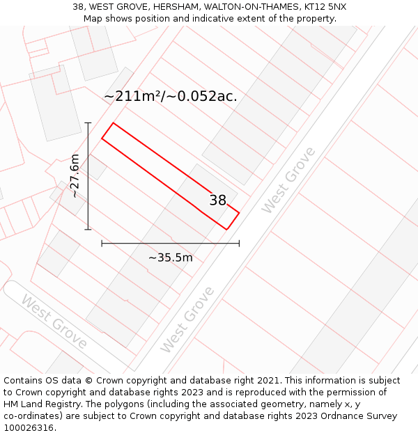 38, WEST GROVE, HERSHAM, WALTON-ON-THAMES, KT12 5NX: Plot and title map