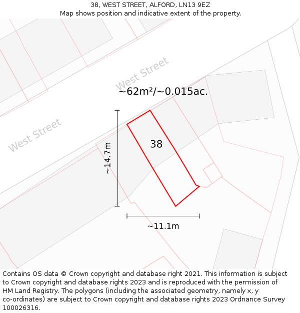 38, WEST STREET, ALFORD, LN13 9EZ: Plot and title map