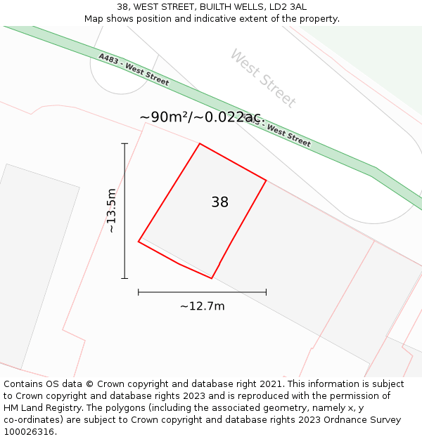 38, WEST STREET, BUILTH WELLS, LD2 3AL: Plot and title map