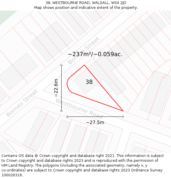 38, WESTBOURNE ROAD, WALSALL, WS4 2JD: Plot and title map