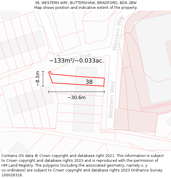 38, WESTERN WAY, BUTTERSHAW, BRADFORD, BD6 2BW: Plot and title map