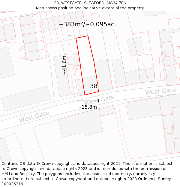 38, WESTGATE, SLEAFORD, NG34 7PN: Plot and title map
