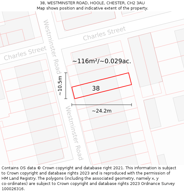 38, WESTMINSTER ROAD, HOOLE, CHESTER, CH2 3AU: Plot and title map