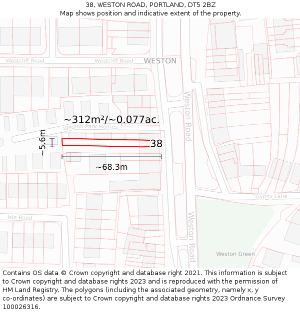 38, WESTON ROAD, PORTLAND, DT5 2BZ: Plot and title map