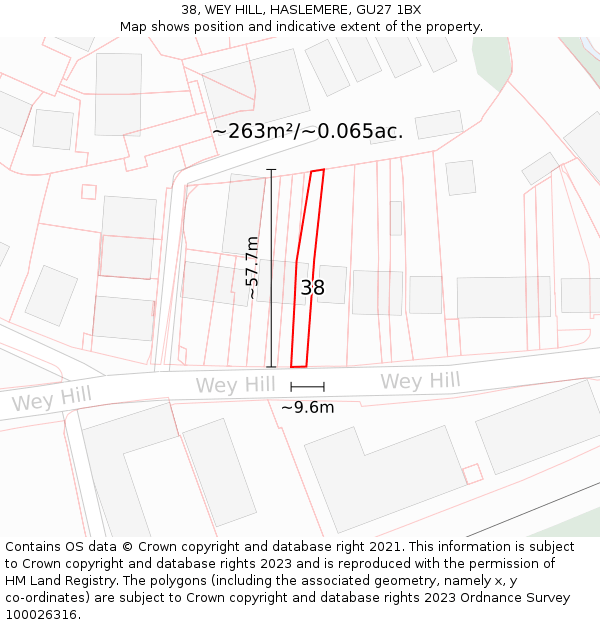 38, WEY HILL, HASLEMERE, GU27 1BX: Plot and title map