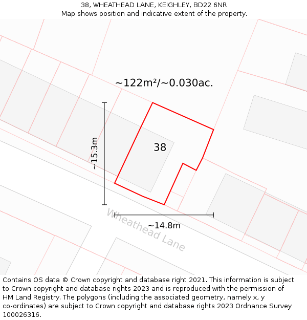 38, WHEATHEAD LANE, KEIGHLEY, BD22 6NR: Plot and title map