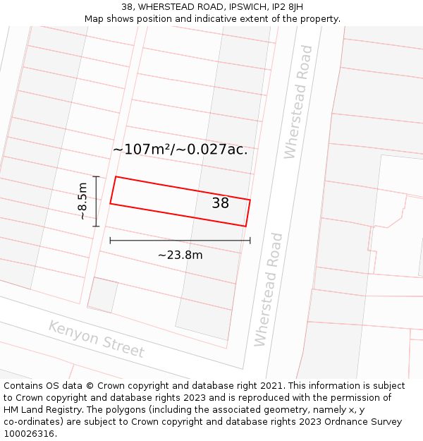 38, WHERSTEAD ROAD, IPSWICH, IP2 8JH: Plot and title map