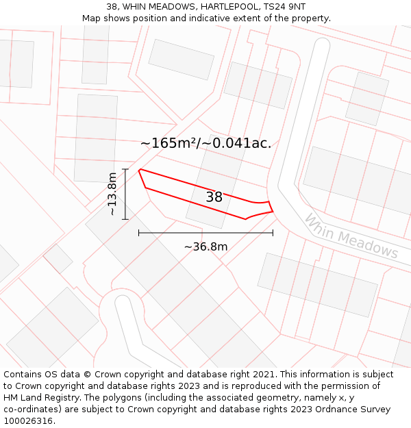 38, WHIN MEADOWS, HARTLEPOOL, TS24 9NT: Plot and title map