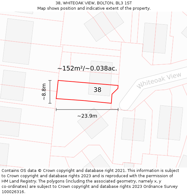 38, WHITEOAK VIEW, BOLTON, BL3 1ST: Plot and title map