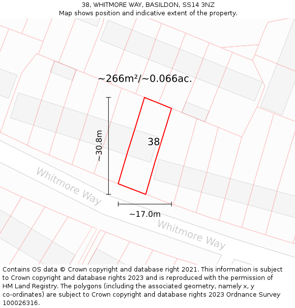 38, WHITMORE WAY, BASILDON, SS14 3NZ: Plot and title map