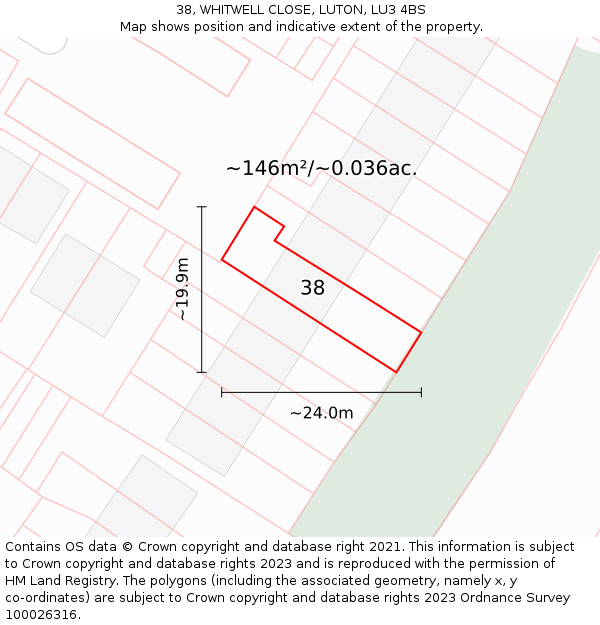 38, WHITWELL CLOSE, LUTON, LU3 4BS: Plot and title map