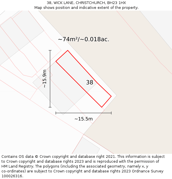 38, WICK LANE, CHRISTCHURCH, BH23 1HX: Plot and title map